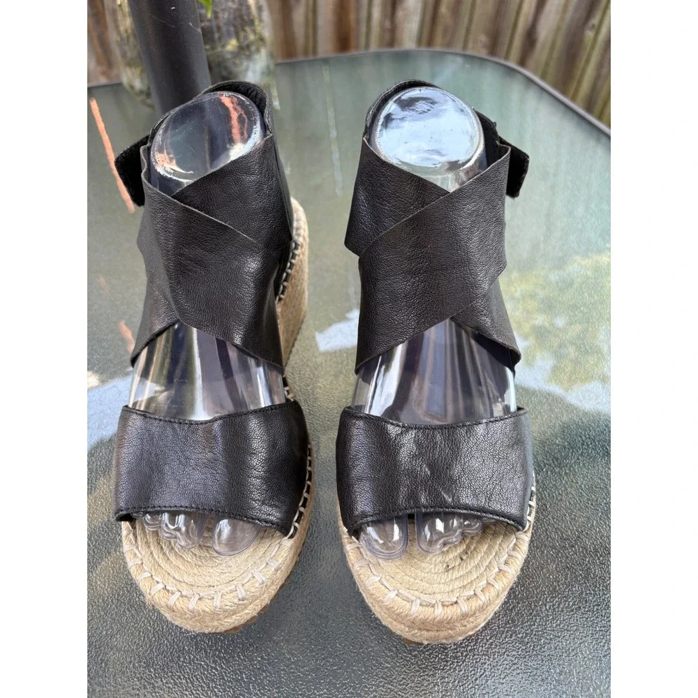 Eileen Fisher Womens Black Leather Espadrille Wedge Sandals 8.5 EF-WILLOW-LEA